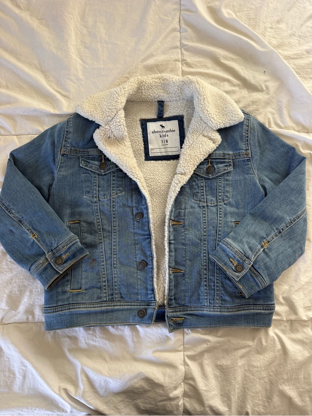 abercrombie kids light blue denim jacket with white sherpa
